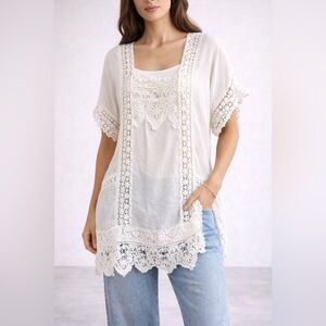 Johnny Was White Crochet Lace Trim Boho Tunic Cupra Rayon Square Neck Top XL